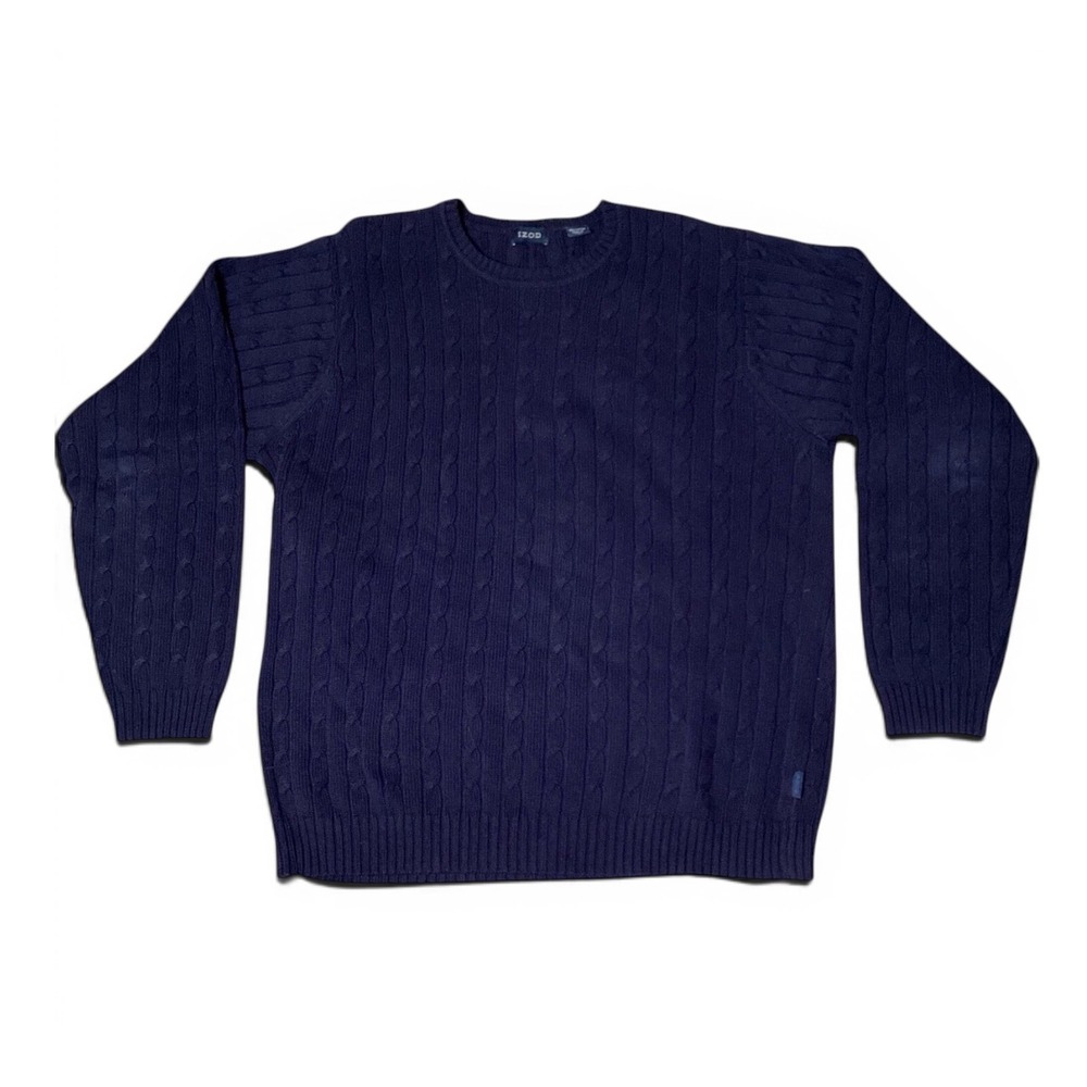 IZOD Cable Knit Sweater Mens Large Navy Blue Cotton Preppy Classic Academia Soft